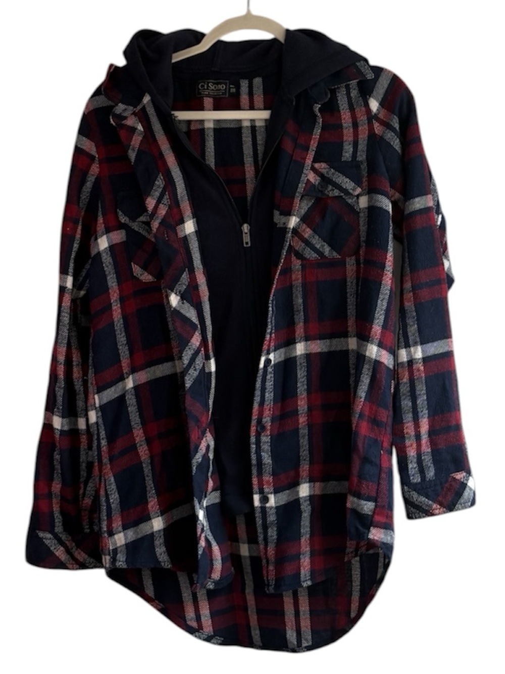 Ci Sono Navy & Burgundy Flannel Plaid Button Up + Hoodie Zip Up Size M